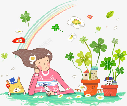 彩绘长发女孩插画矢量图eps免抠素材_88icon https://88icon.com 四叶草女孩猫彩虹花盆春季矢量图 矢量图