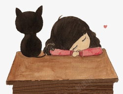 卡通手绘睡着女孩黑猫图素材