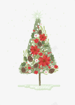 卡通装饰圣诞树松果红花素材