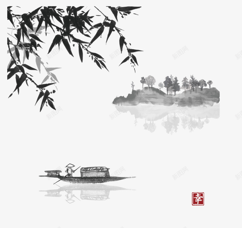 中国风水墨风景矢量图eps免抠素材_88icon https://88icon.com 中国风水墨风景 小船 水墨山 竹子 矢量图