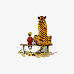 彩绘风格小孩和老虎坐着的背影图素材