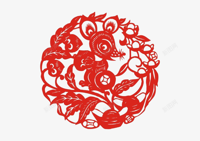 红色剪纸png免抠素材_88icon https://88icon.com 春节 窗花 老鼠 装饰图