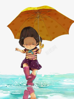 打伞的小女孩小孩踩水高清图片
