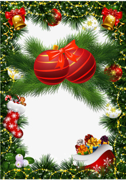 绿色边框装饰和红色圣诞礼物球素材