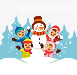 冬天一起堆雪人的孩子们素材