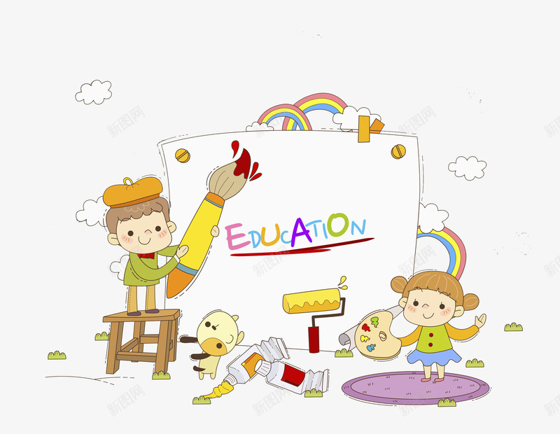 玩乐涂鸦png免抠素材_88icon https://88icon.com 卡通 女孩 宠物 彩虹 手绘 男孩 画笔 花花 调色盘 颜料