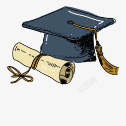 手绘插画毕业季学士帽与毕业证书素材