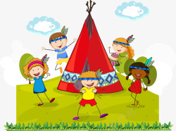 手绘围着帐篷跳舞的孩子们素材