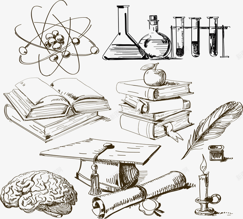 科技线条科学实验元素矢量图eps免抠素材_88icon https://88icon.com 书籍 大脑 奖状 手绘 科学实验 羽毛 蜡烛 设计 试管 矢量图