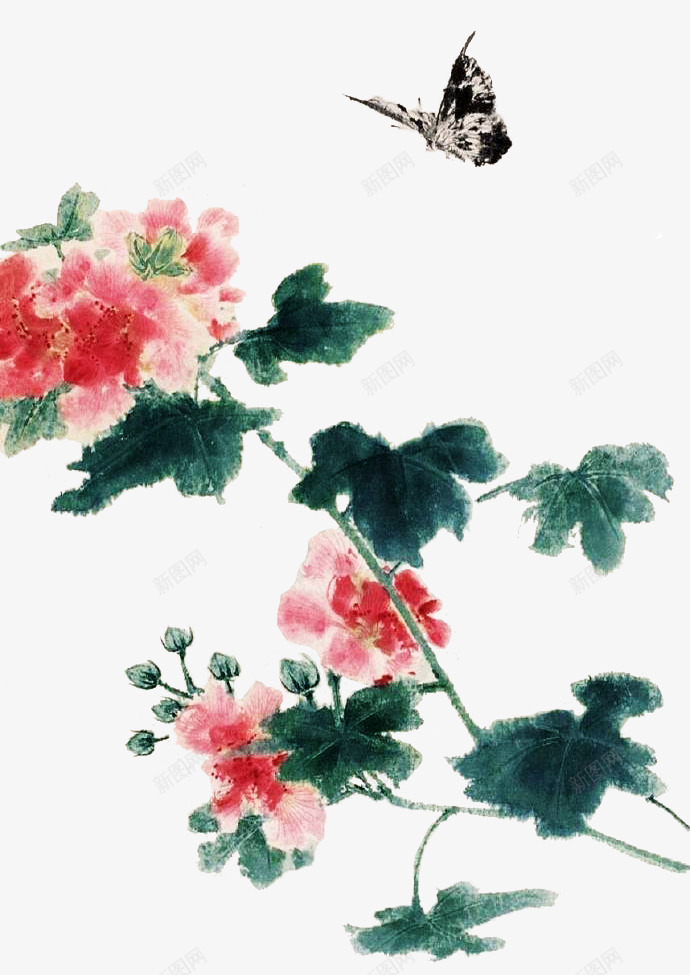水墨画牡丹花psd免抠素材_88icon https://88icon.com 中国风 水彩画 牡丹 牡丹花 粉牡丹 粉色牡丹 绿叶 花卉 蝴蝶