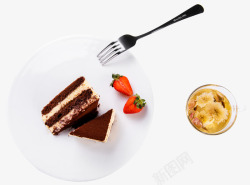 俯拍西式甜点和花茶巧克力蛋糕叉子素材