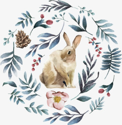 冬天兔子手绘风冬天树叶兔子矢量图高清图片