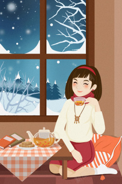 冬天女士手套手绘冬季在家喝茶赏雪过冬高清图片