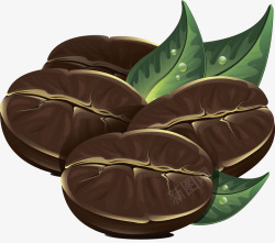 卡通咖啡豆咖啡豆和绿叶插画高清图片