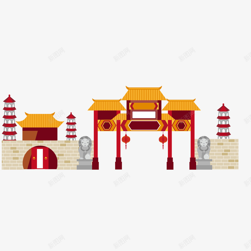 卡通中国风建筑物矢量图ai免抠素材_88icon https://88icon.com 中国风 卡通 城门 建筑物设计 扁平化 矢量图