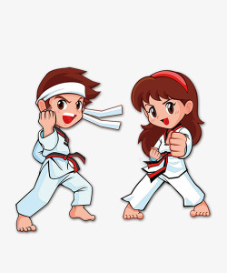 卡通手绘练跆拳道的男孩女孩素材