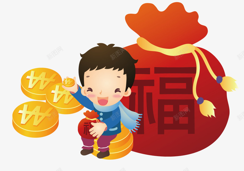 坐在福袋旁边矢量图ai免抠素材_88icon https://88icon.com 手绘 插画 矢量人物 福袋 金币 矢量图