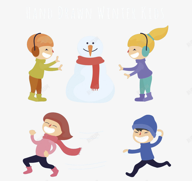 玩雪的小孩矢量图ai免抠素材_88icon https://88icon.com 冬天 卡通 小孩 新图网 装饰 雪人 矢量图