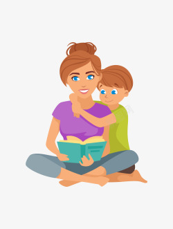 手绘卡通妈妈和女儿亲子阅读素材