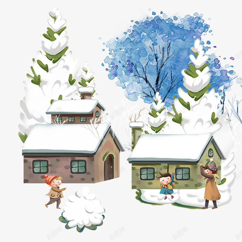 冬季卡通手绘雪景png免抠素材_88icon https://88icon.com 冬天 卡通 堆雪人 房子 手绘 树木 积雪 雪景