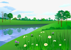 卡通手绘河边草地上树木花朵矢量图素材
