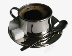 铁杯子调味糖块与咖啡高清图片