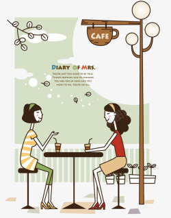 可爱插图女孩露天咖啡厅喝咖啡素材