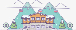 卡通扁平化雪地中的别墅小屋素材