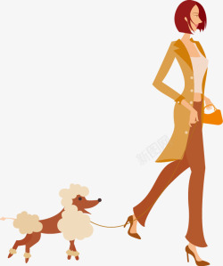 时髦女人牵着贵宾狗走路的时髦女人高清图片