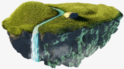 浮空岛浮岛上的草坪和溪流高清图片