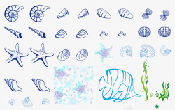 手绘蓝色海生物装饰素材