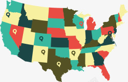 彩色分区美国地图标记高清图片