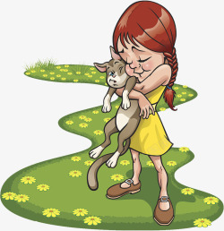 草地上抱着小猫的小女孩素材
