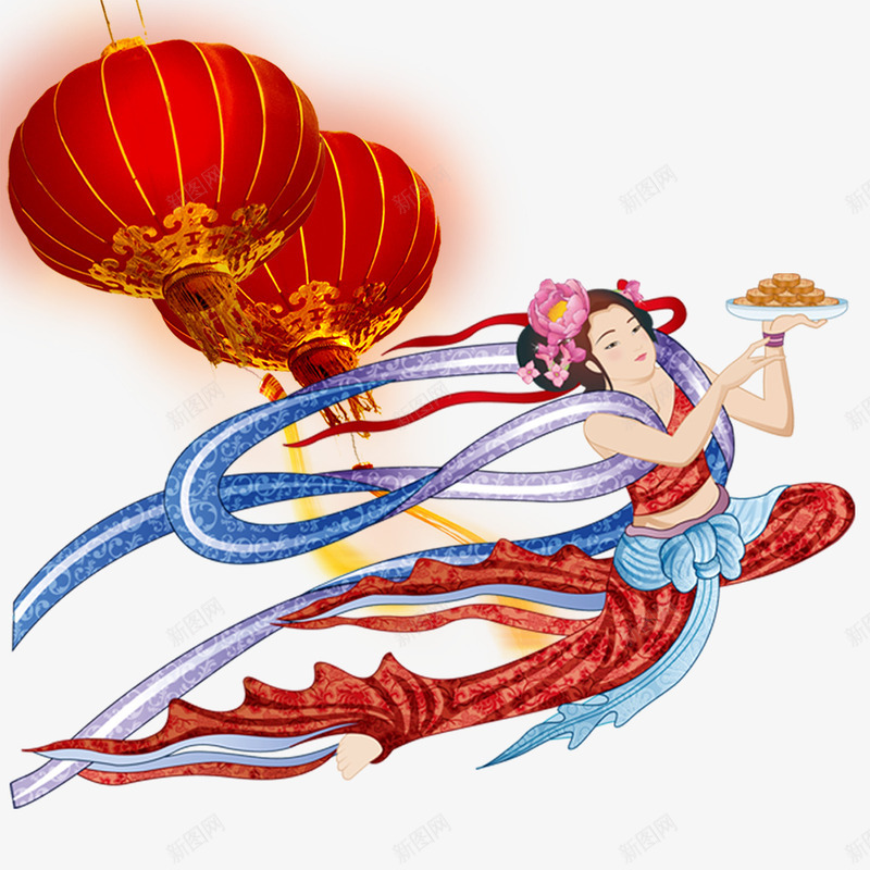 嫦娥奔月卡通psd免抠素材_88icon https://88icon.com 中秋节 卡通嫦娥 大红灯笼 嫦娥奔月