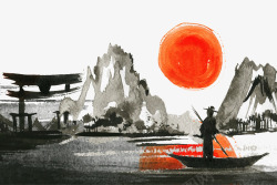 红日山水背景中国风日出山水画矢量图高清图片