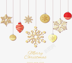 雪花饼干与圣诞球图片金色雪花圣诞球挂饰矢量图高清图片