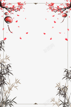 传统画风竹子2018新年梅花灯笼与竹子边框高清图片