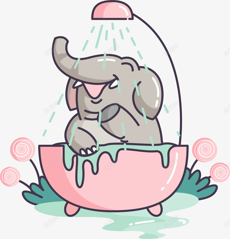 开心沐浴的可爱大象矢量图ai免抠素材_88icon https://88icon.com 可爱大象 大象 开心的大象 沐浴的大象 矢量png 花洒 矢量图