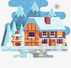 手绘冬天雪地和房子建筑冬季房子风景插画矢量图高清图片