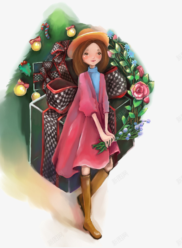 圣诞夜晚的小女生png免抠素材_88icon https://88icon.com 三八妇女节礼物 圣诞树 戴帽子的女生 礼物 铃铛