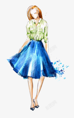 手绘水彩蓝色裙装模特素材