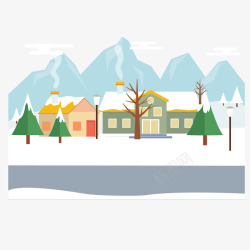 雪花覆盖的树冬天乡村风景房屋量图矢量图高清图片