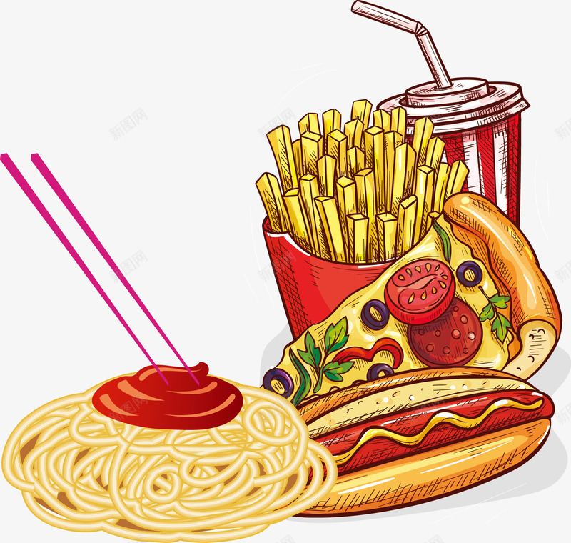 手绘插画快餐png免抠素材_88icon https://88icon.com 到家美食汇 美味意大利面 美食汇 美食汇活动 美食汇自助餐 蔬菜披萨 订购美食汇 香炸薯条