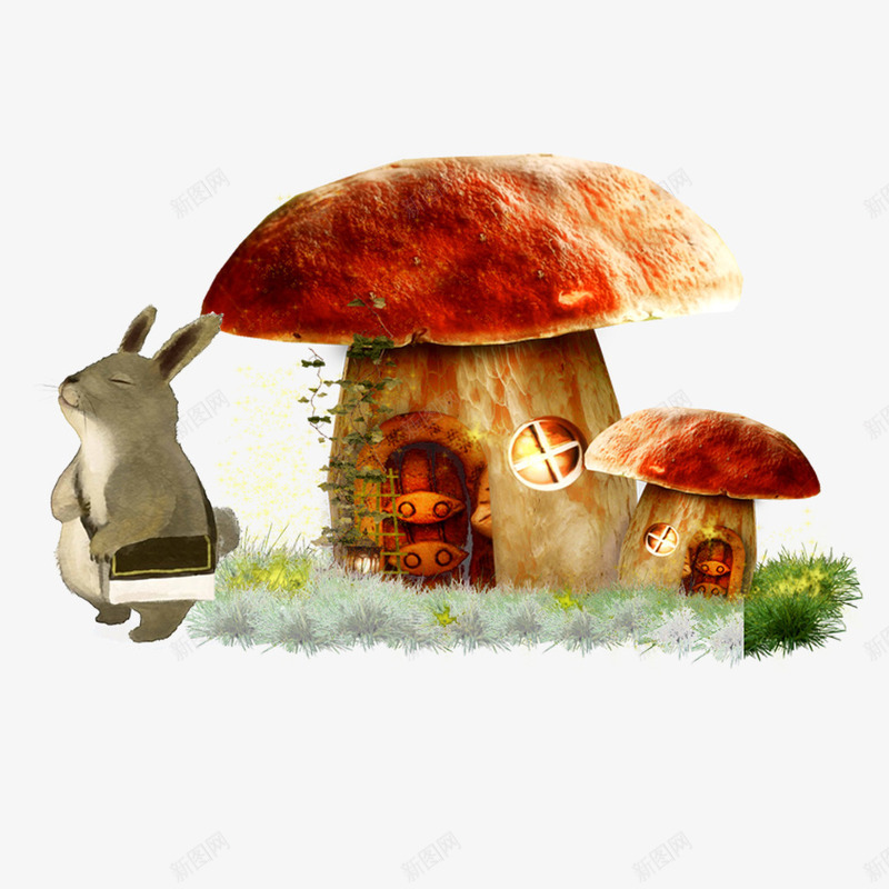 蘑菇房子psd免抠素材_88icon https://88icon.com 可爱 家庭 小兔子 房子 温暖 窗户 草 蘑菇