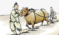 古代农耕古代拉牛车在田地里耕作的戴头巾高清图片
