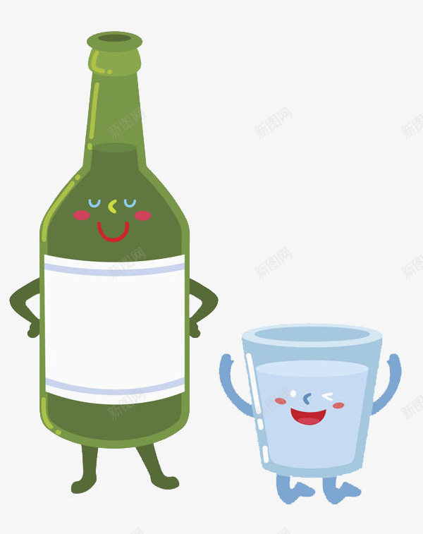 卡通酒瓶杯子图png免抠素材_88icon https://88icon.com 创意的 可爱的 插图 杯子 白酒 绿色 酒瓶 高兴地