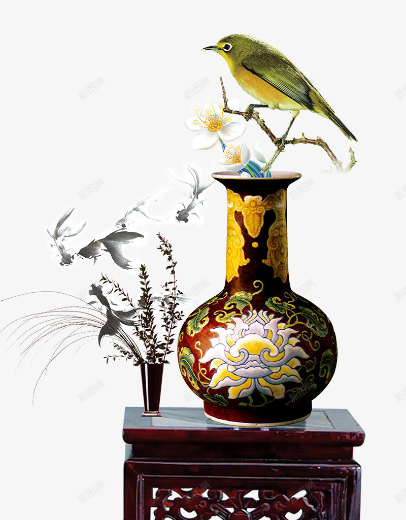 中国风木桌上的花瓶png免抠素材_88icon https://88icon.com 中国风木桌上的花瓶 传统 古典 古董花瓶 古风 地产广告元素 小鸟 植物 花朵 花鸟