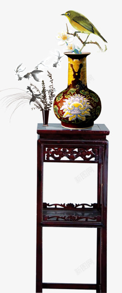 古典花瓶中国风木桌上的花瓶高清图片