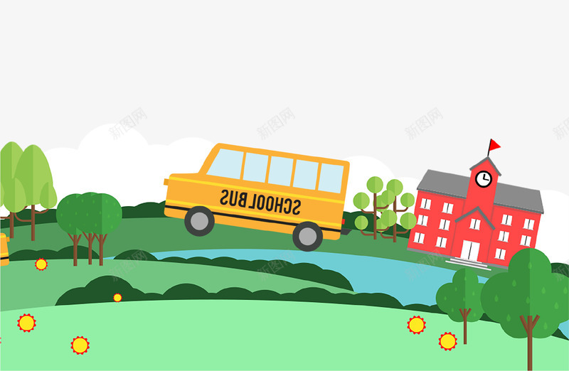 卡通开学季海报插画psd免抠素材_88icon https://88icon.com 卡通 学校 小树 开学季 插画 校车 海报 草地