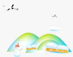 卡通手绘冬天雪人彩色山房子素材